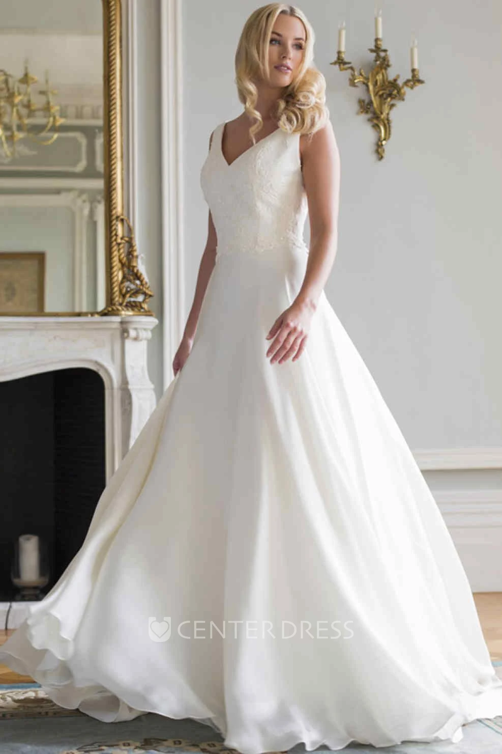 A-Line Long V-Neck Sleeveless Lace Wedding Dress