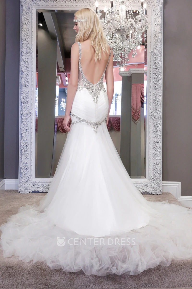A-Line Beaded Long Spaghetti Sleeveless Tulle Wedding Dress With Backless Style And Ruching