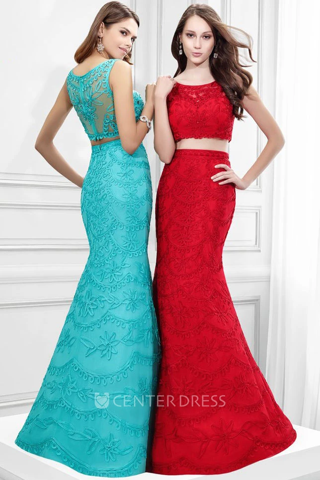 Mermaid Appliqued Sleeveless Scoop Neck Lace Prom Dress