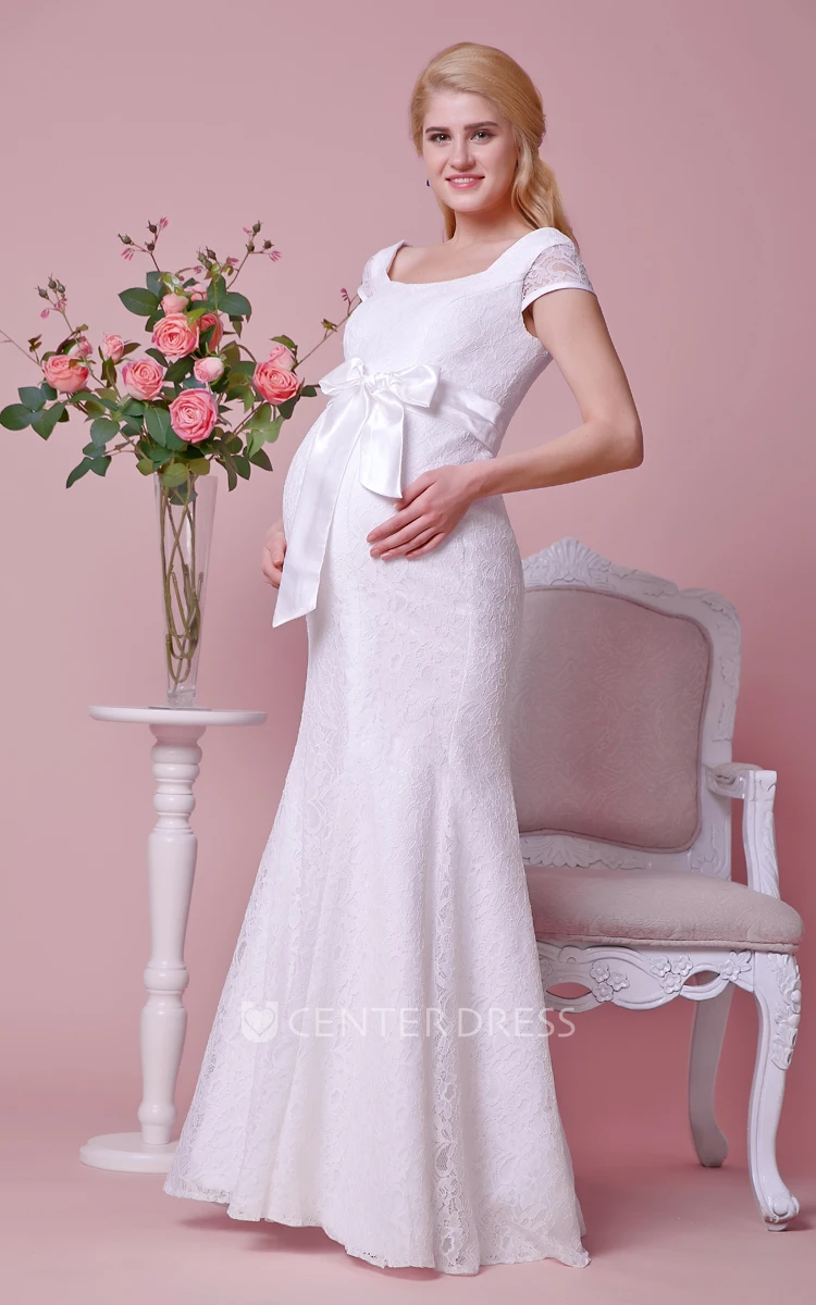 Cap-Sleeve Lace Mermaid Maternity Wedding Dress With Squared Neck and Sash