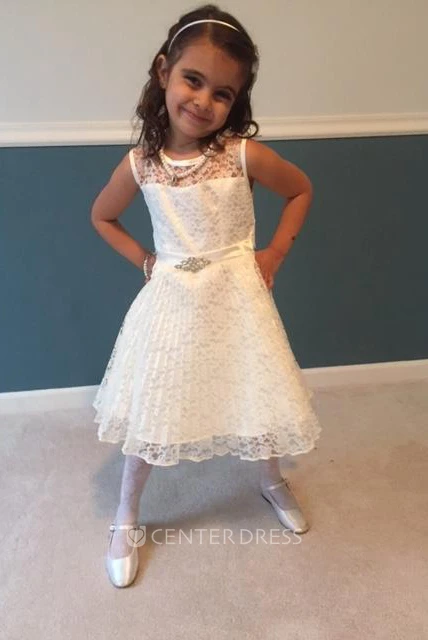 Tea-Length Illusion Pleated Lace&Satin Flower Girl Dress