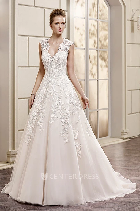 A-Line Maxi Appliqued V-Neck Cap-Sleeve Lace Wedding Dress