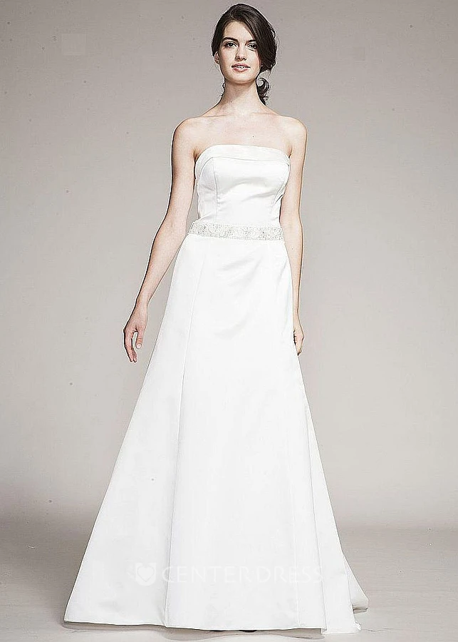 A-Line Strapless Jeweled Maxi Sleeveless Satin Wedding Dress