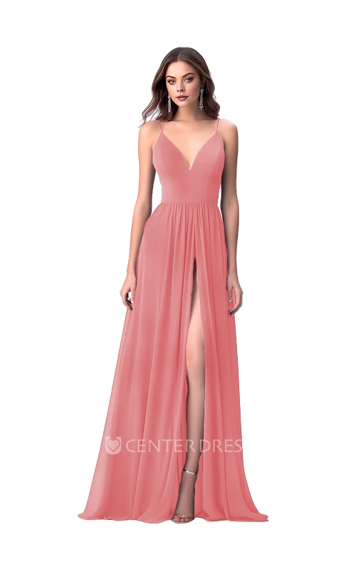 Romantic Chiffon A-Line Spaghetti V-neck Bridesmaid Dress with Front Split Classy Wedding Dress
