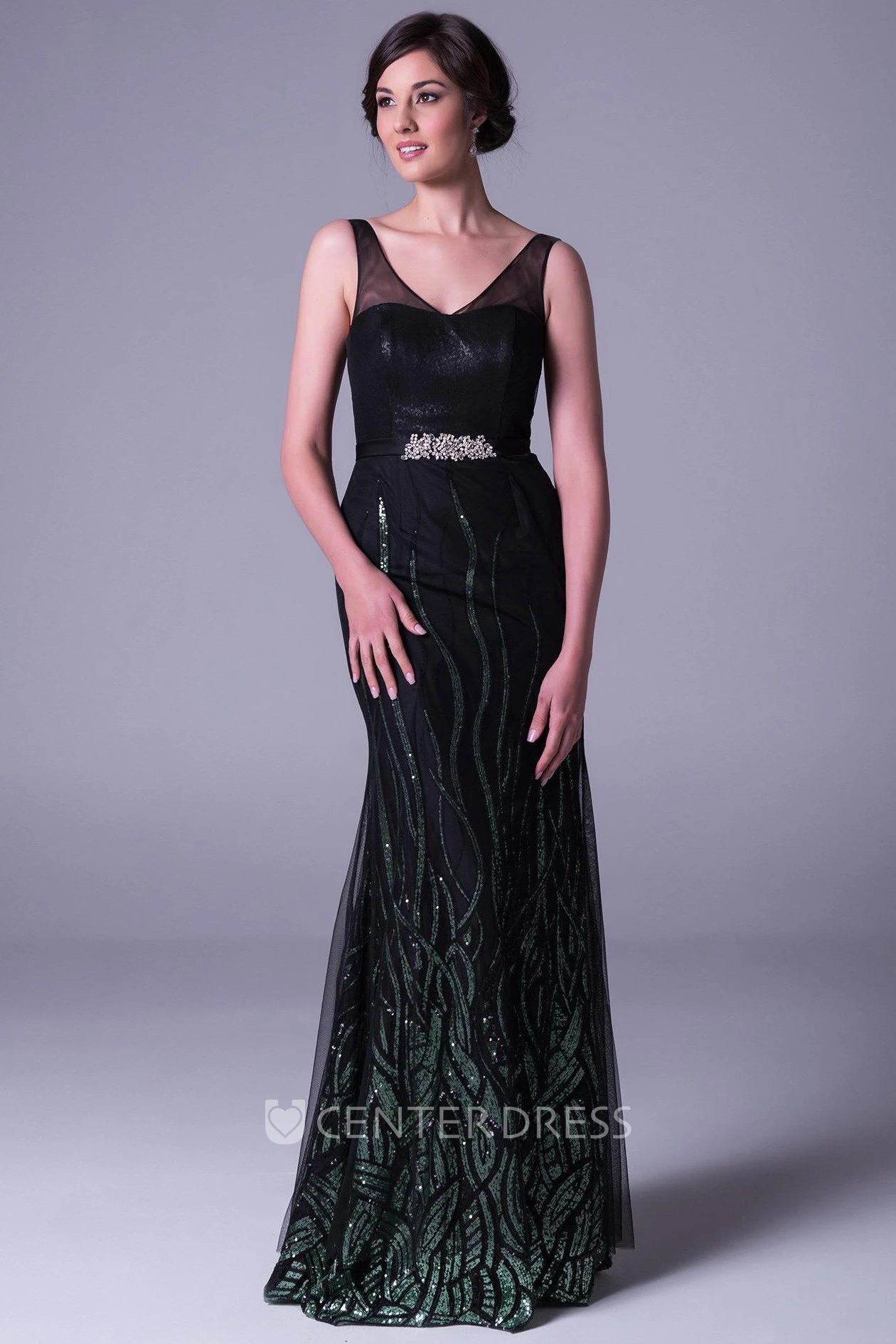 Sheath Sequined Long V-Neck Sleeveless Prom Dress With Beading