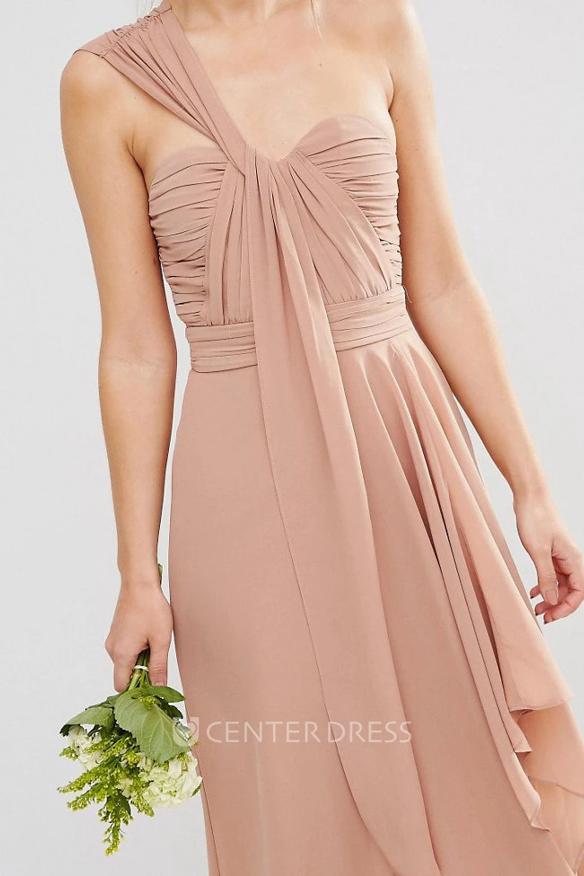 High-Low Sleeveless One-Shoulder Ruched Chiffon Bridesmaid Dress