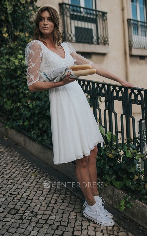 Elegant A Line V-neck Chiffon Bridal Gown with Ruching
