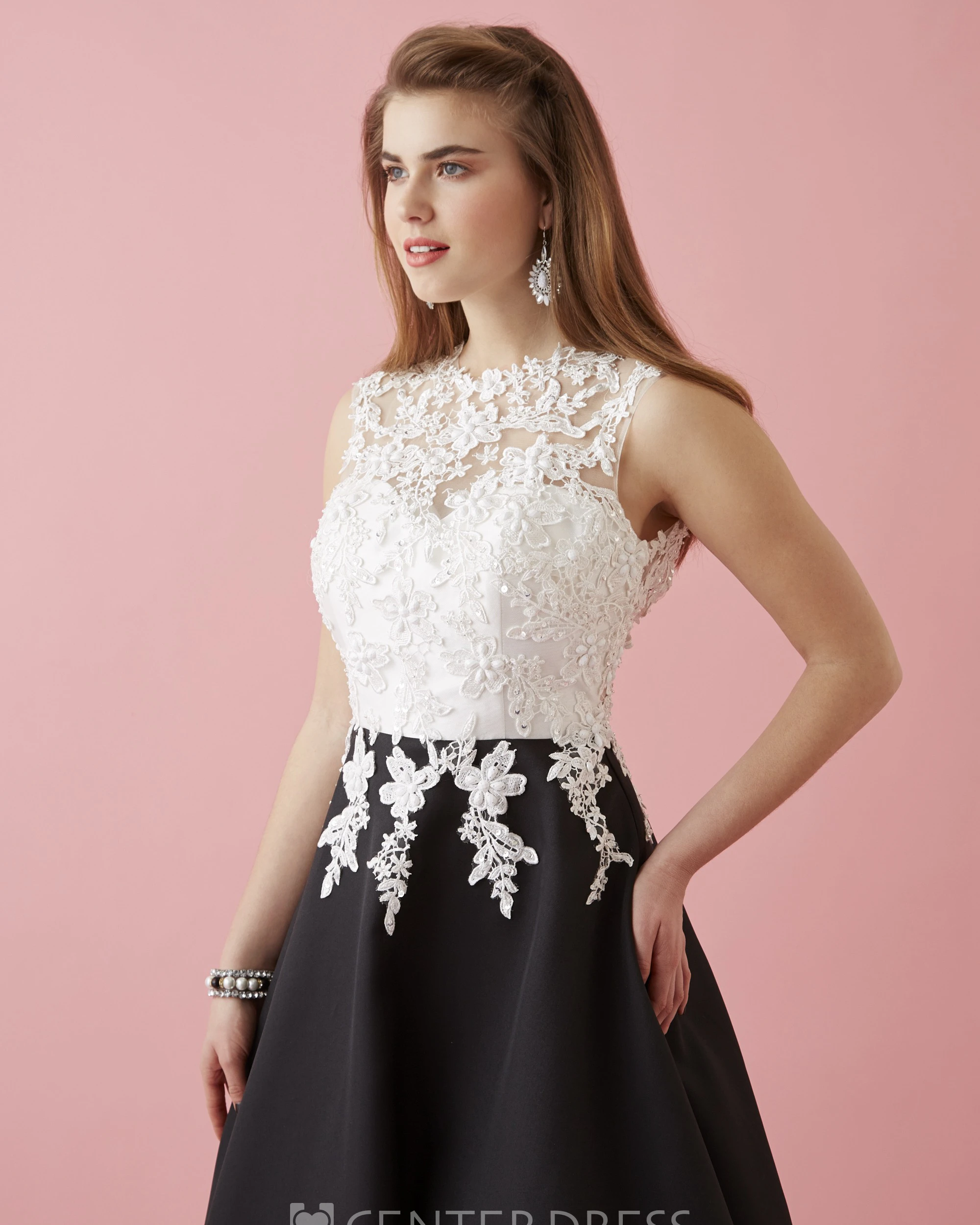 A-Line Jewel-Neck Sleeveless Satin Keyhole Dress With Appliques