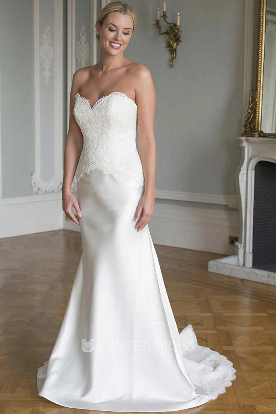 Sheath Appliqued Sweetheart Sleeveless Long Satin&Lace Wedding Dress