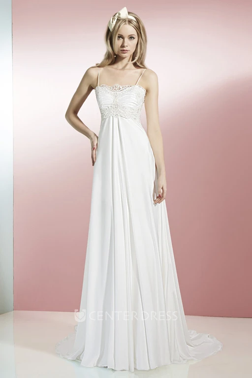 A-Line Spaghetti Floor-Length Sleeveless Lace Chiffon Wedding Dress With Appliques