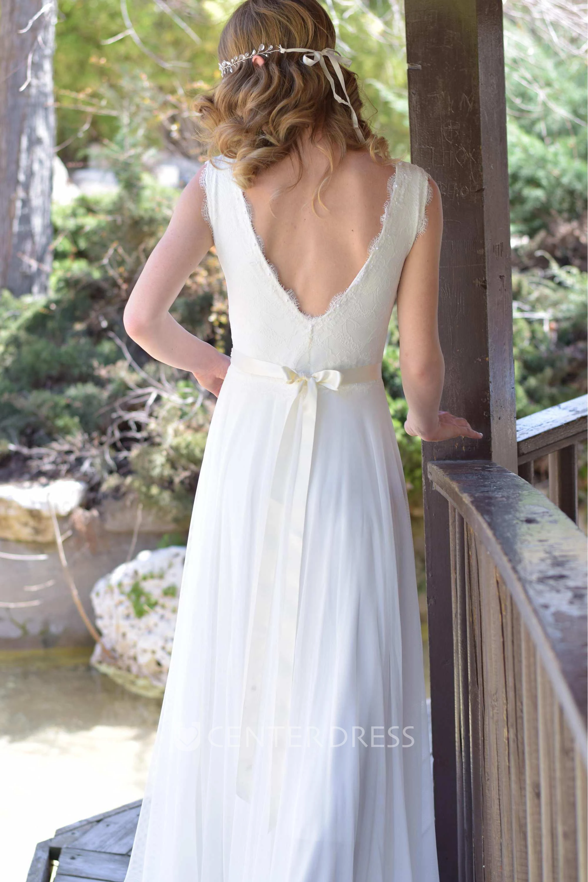 Plunged Sleeveless Chiffon Lace Wedding Dress With Bow And Deep-V Back