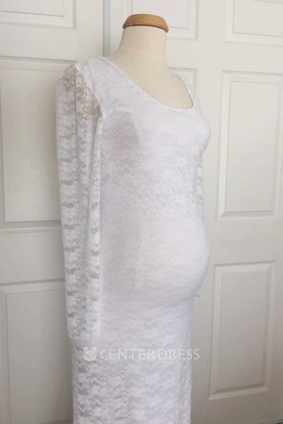 Sheath Lace Scoop Long Sleeve Lace Maternity Wedding Dress