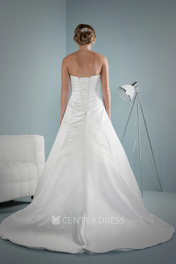 A-Line Sleeveless Beaded Floor-Length Strapless Satin Wedding Dress With Lace-Up Back And Side Draping