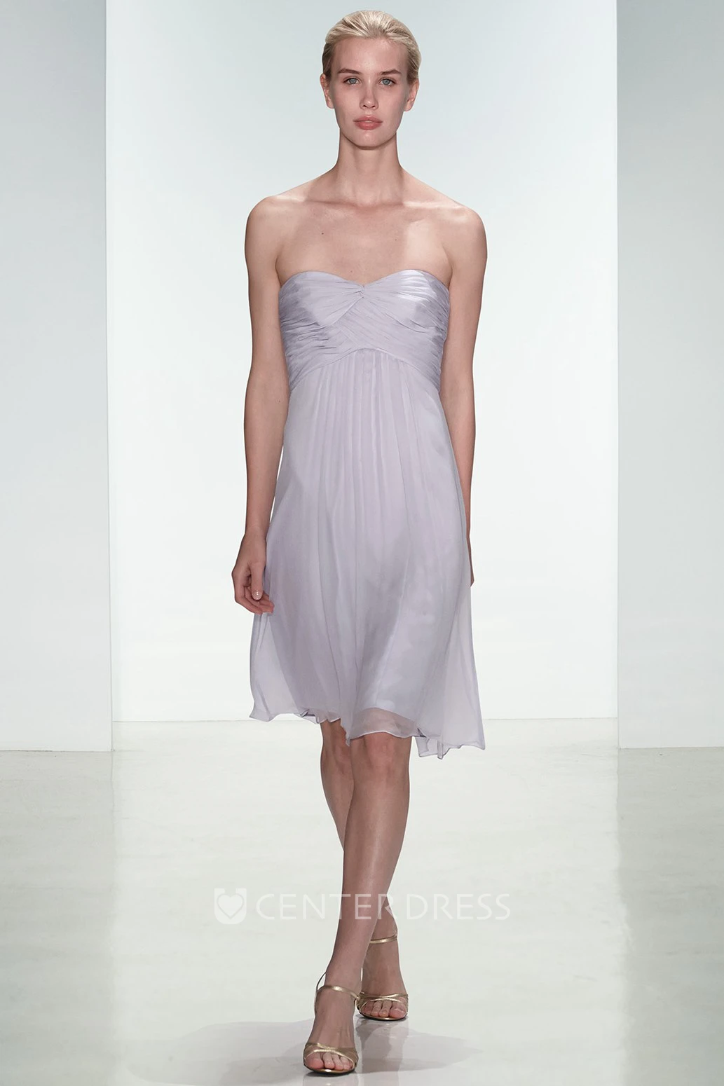 Knee-Length Ruched Strapless Empire Tulle Bridesmaid Dress