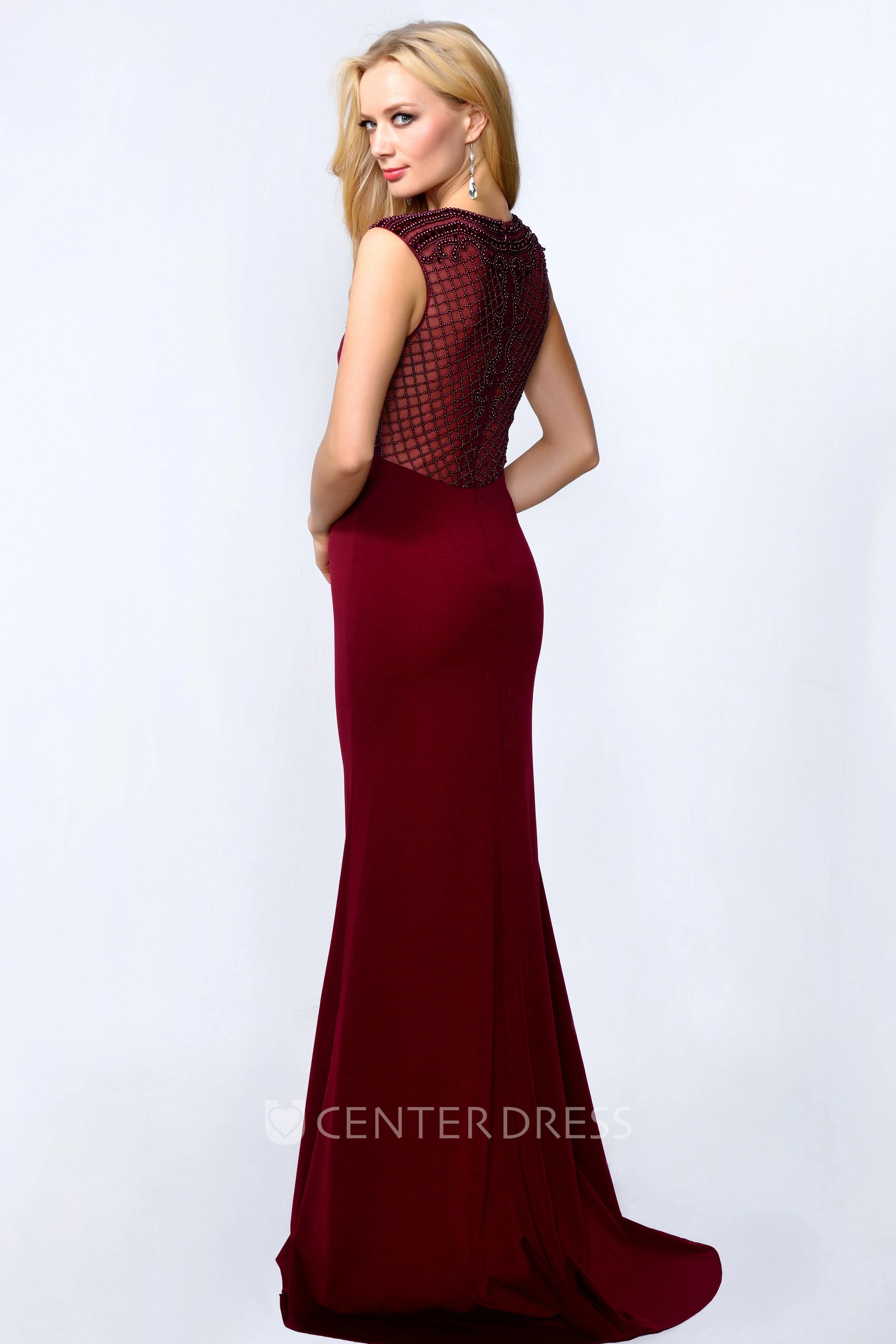 Sheath Jewel-Neck Sleeveless Jersey Illusion Dress With Beading