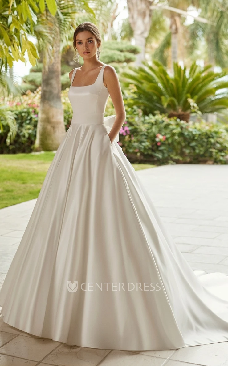 Romantic Simple A-Line Square Neck Sleeveless Straps Satin Wedding Gown Solid Elegant Court Floor-length Backless Zipper Bridal Dress with Bow