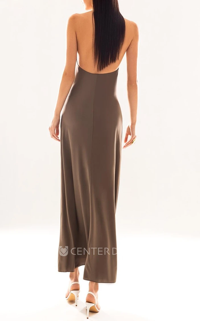 Sexy Ankle-length A Line Halter Satin Sleeveless Prom Dress