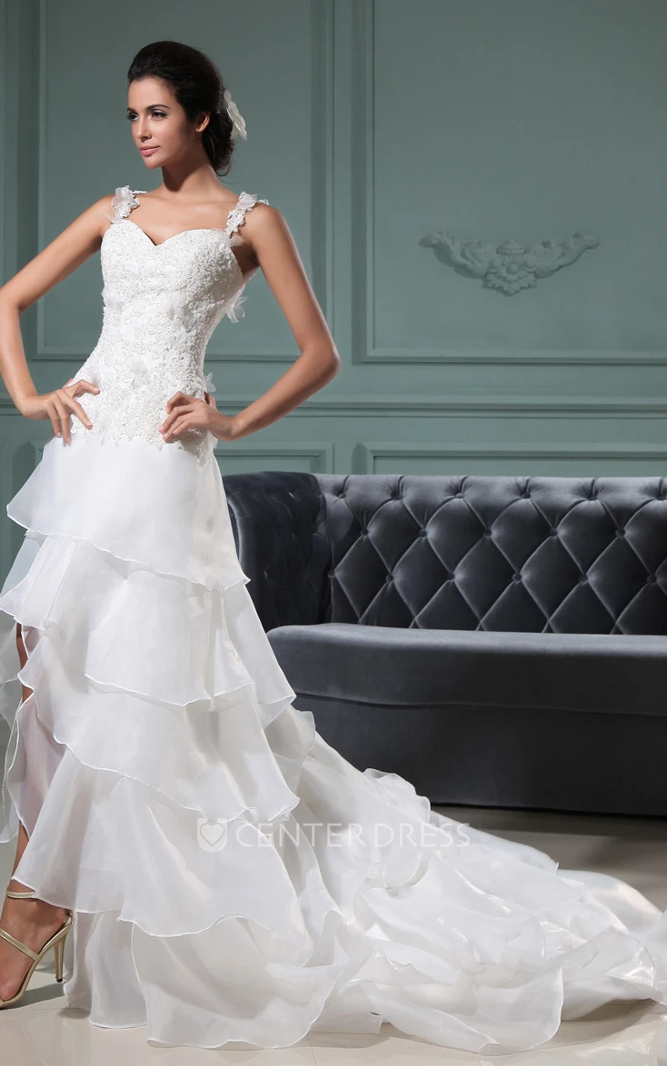Sleeveless Sweetheart High Low Organza Wedding Gown With Ruffles