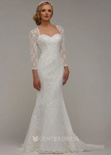 Long Sweetheart Beaded Long-Sleeve Lace Wedding Dress