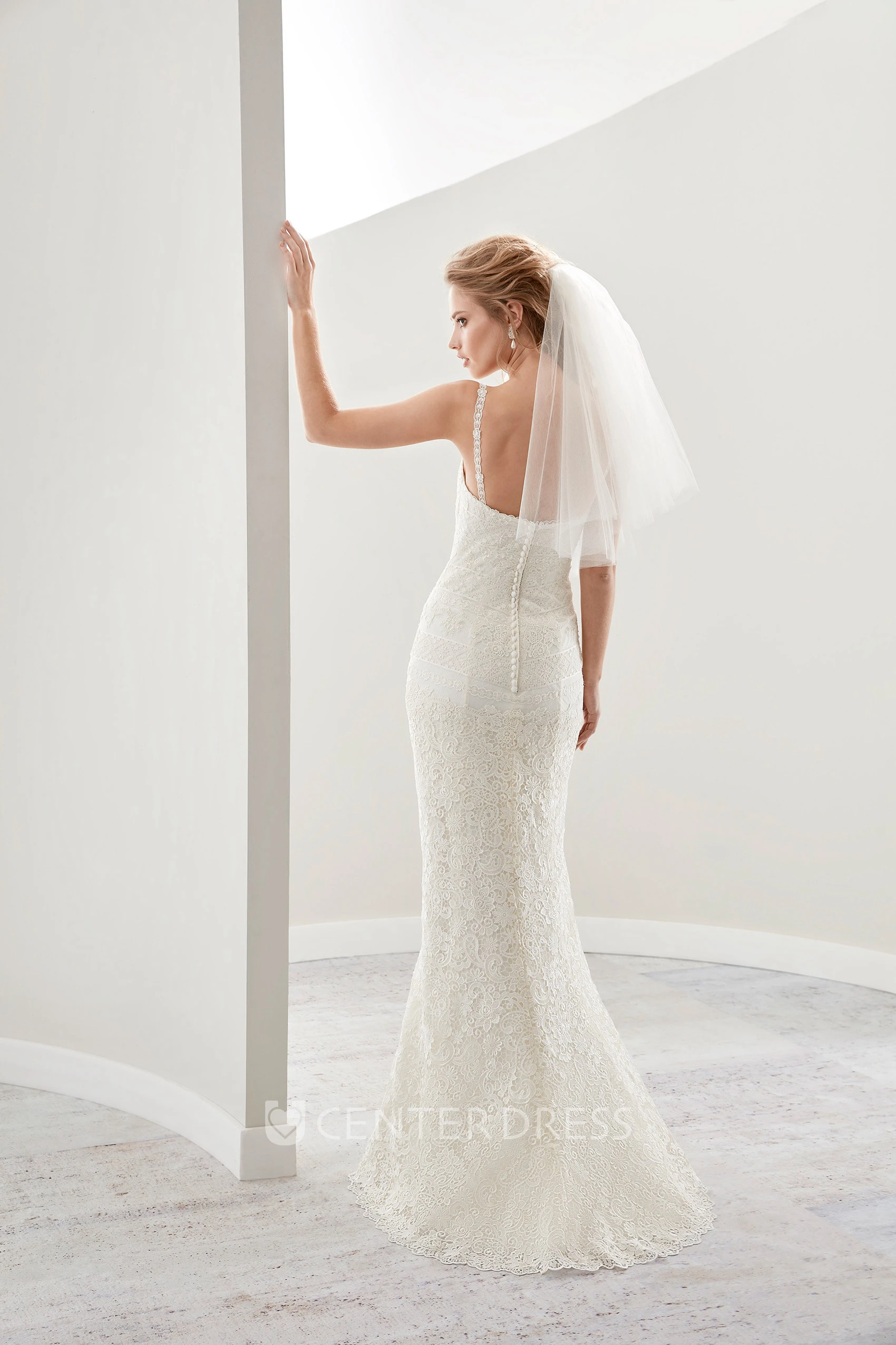 Fine Lace Sheath Bridal Gown With Spaghetti Straps And Low Back