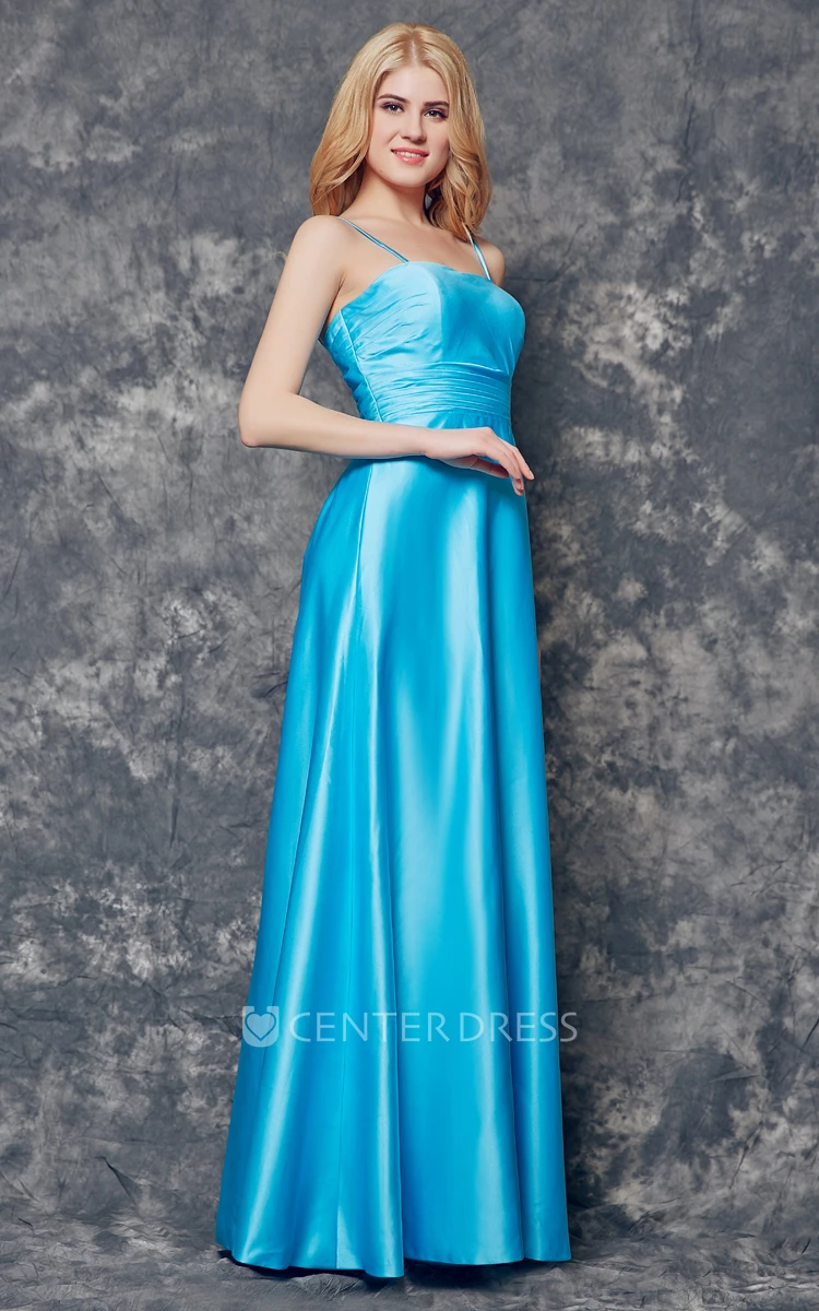 Ruched Waist Long Satin Dress With Spaghetti Straps