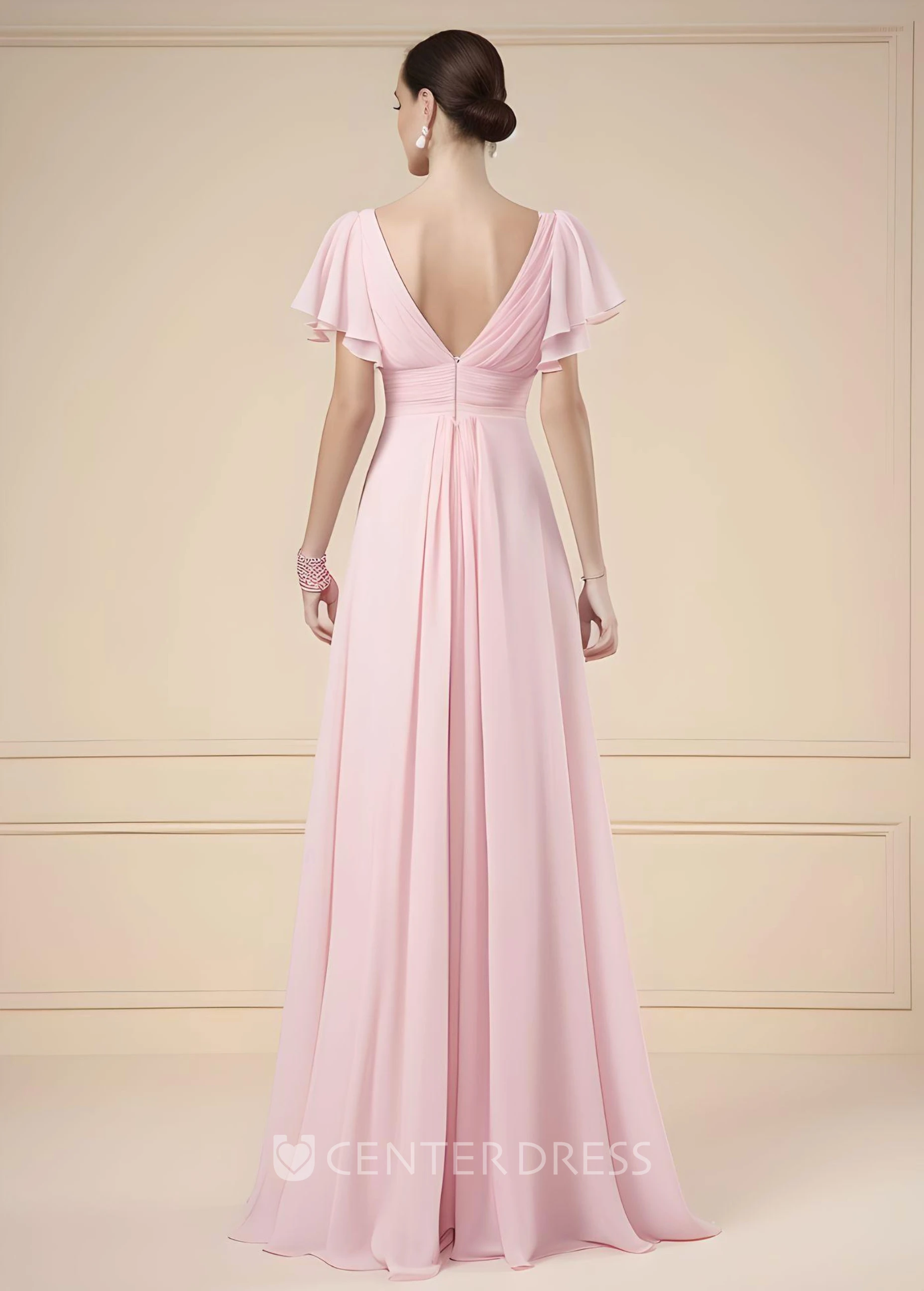 Elegant Chiffon A-Line Mother of the Bride Dress Floor-length Beautiful Short Sleeve