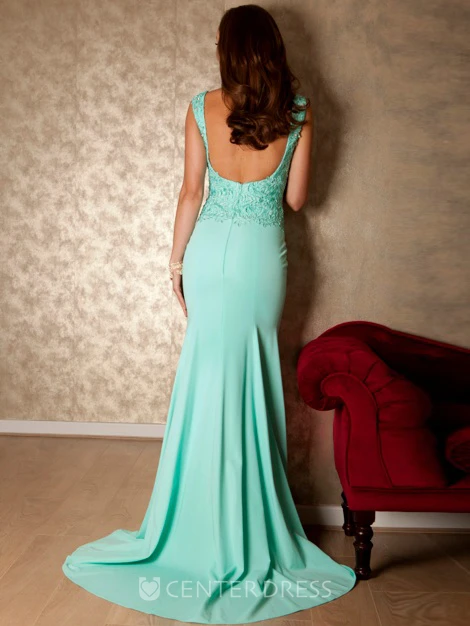 Appliqued Sleeveless Scoop Neck Chiffon Prom Dress With Brush Train