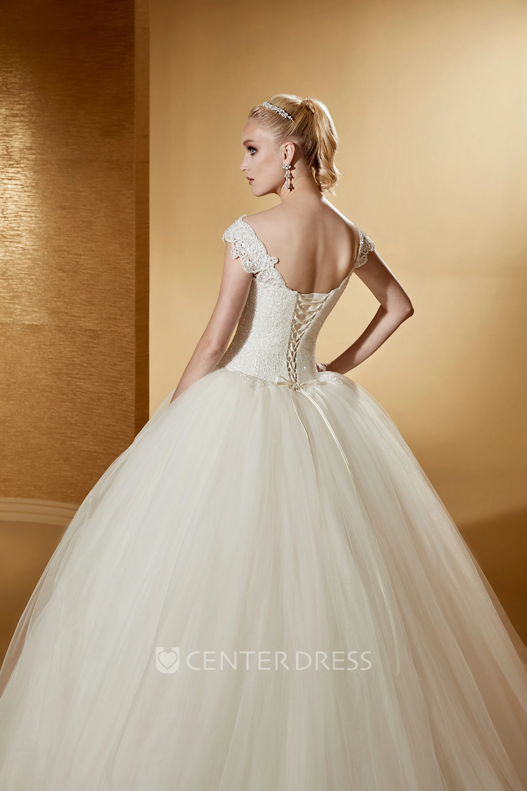 Classic V-Neck Ball Gown With Cap Sleeves And Lace-Up Back