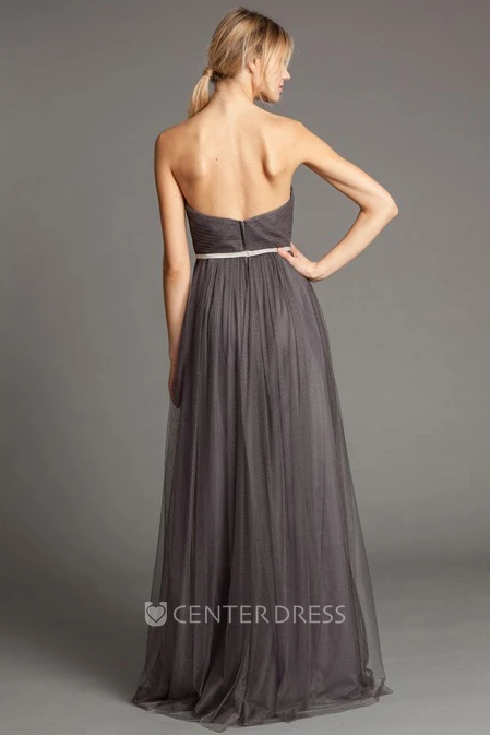 A-Line Sleeveless Maxi Sweetheart Ruched Tulle Bridesmaid Dress