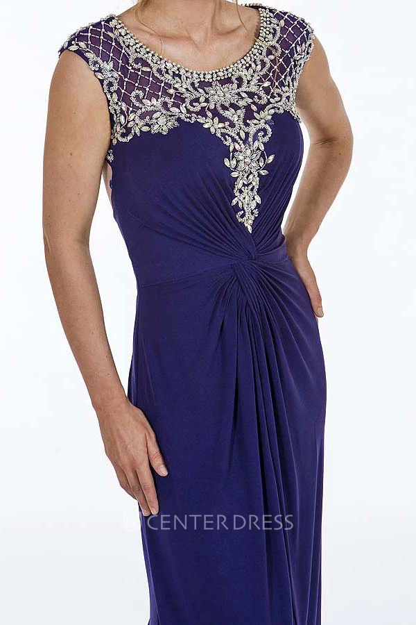 Sheath Scoop-Neck Floor-Length Cap-Sleeve Ruched Chiffon Prom Dress With Beading