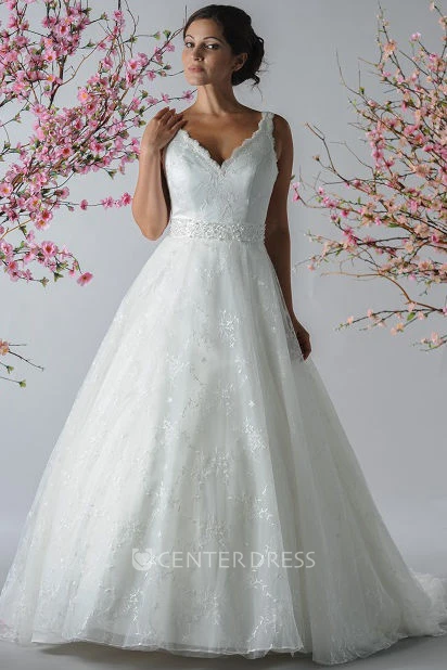 Scalloped V Neck A-Line Embroidered Tulle Bridal Gown With Sash