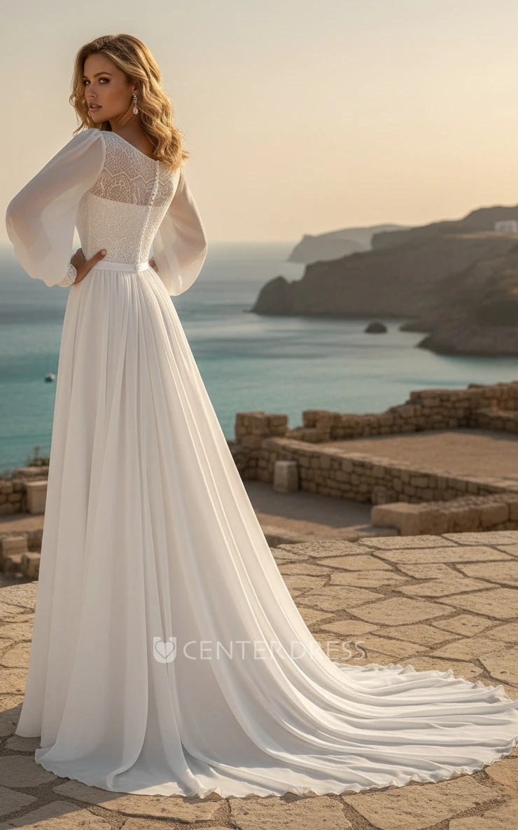 Long Sleeve Modest Rustic Casual A-Line Bateau Neck Spring Wedding Dress Gowns with Train