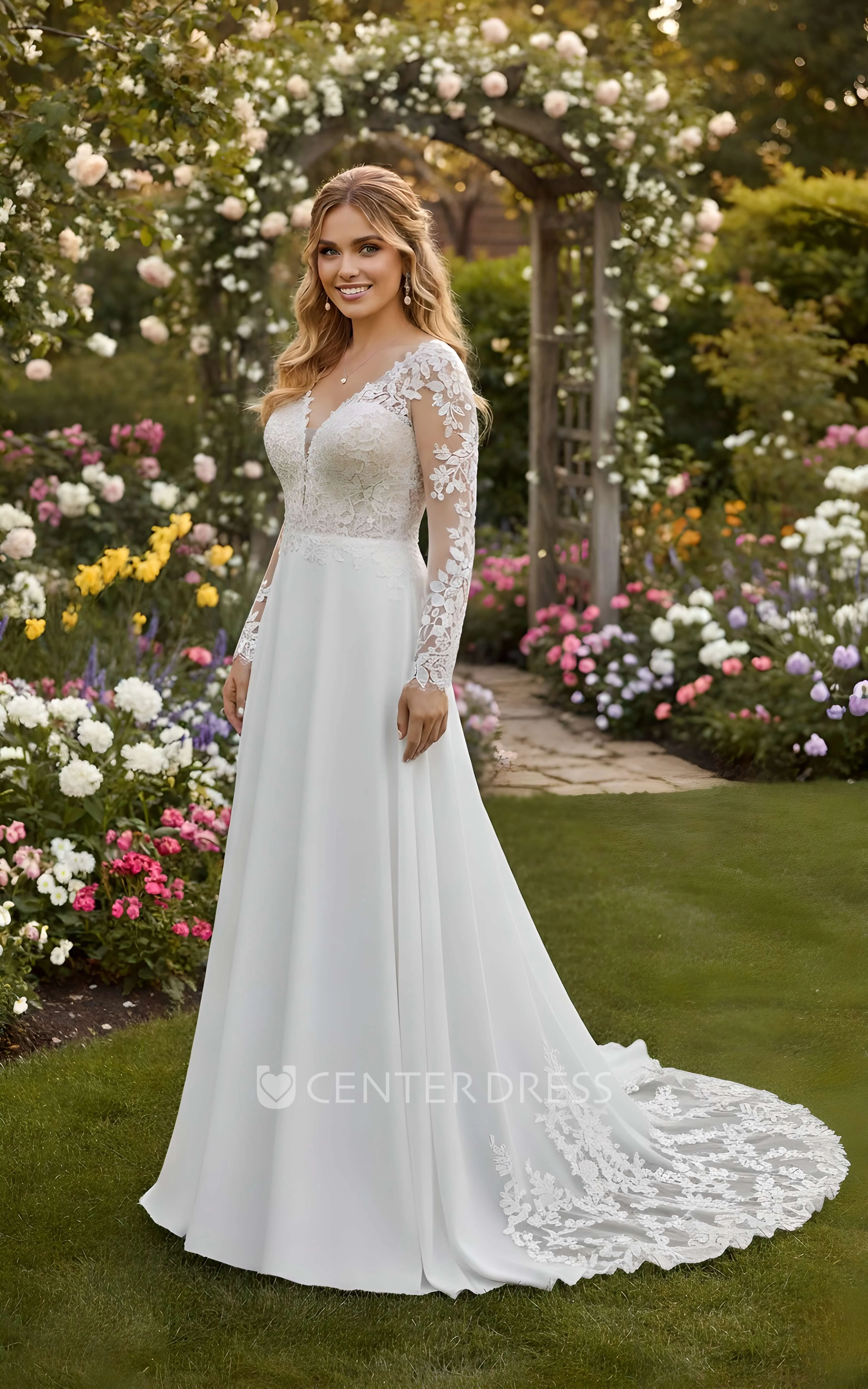 Romantic A-Line Deep V Neck Illusion Wedding Dress Elegant Floral Lace Long Sleeve Bridal Train Gown