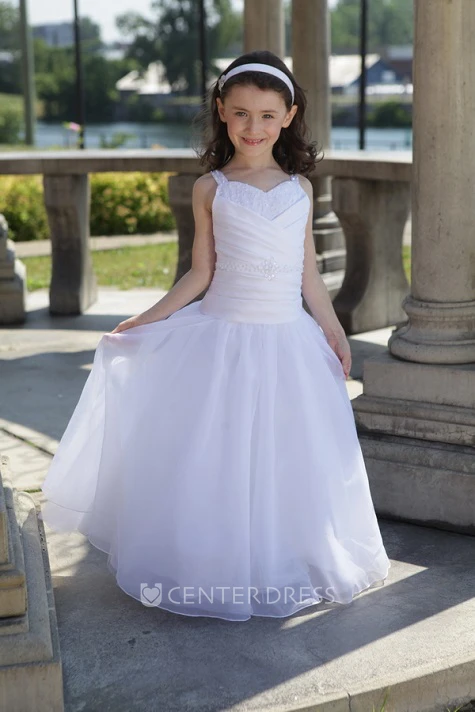 Flower Girl Drop Waist Ball Gown With Criss Cross Bodice