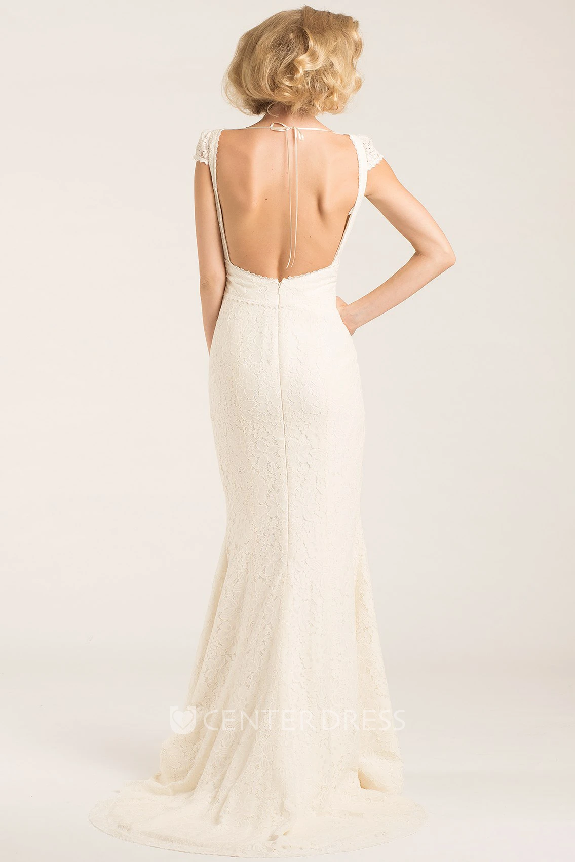 V-Neck Long Cap-Sleeve Lace Wedding Dress With Sweep Train And Backless