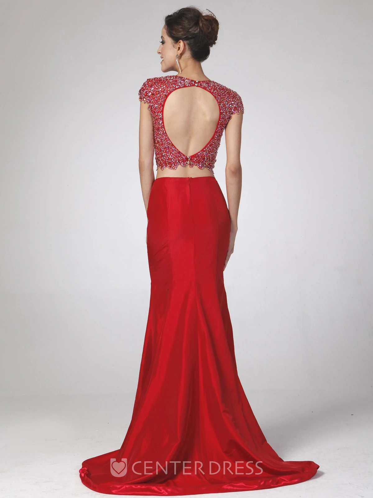 Trumpet V-Neck Cap-Sleeve Satin Keyhole Dress With Beading