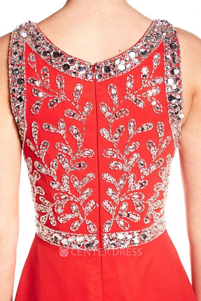 A-Line Scoop Sleeveless Beaded Floor-Length Chiffon Prom Dress With Zipper Back