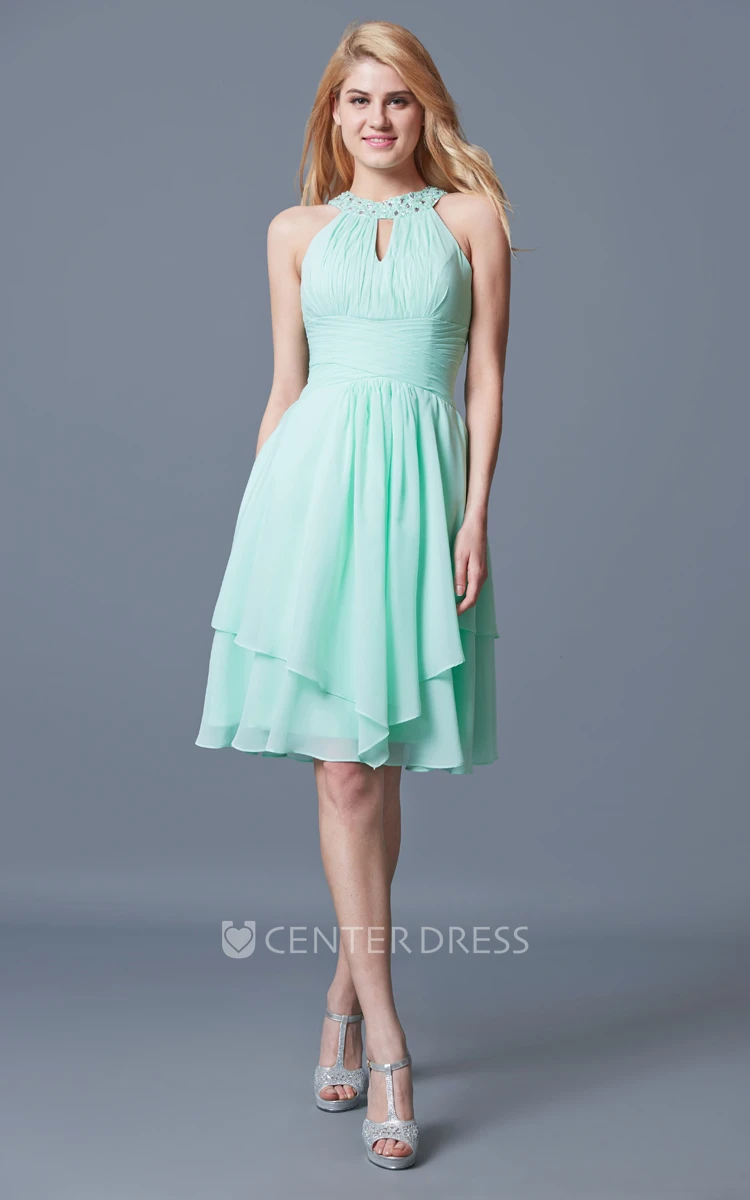 Elegant Sleeveless Tiered Knee Length Chiffon Dress With Keyhole Back