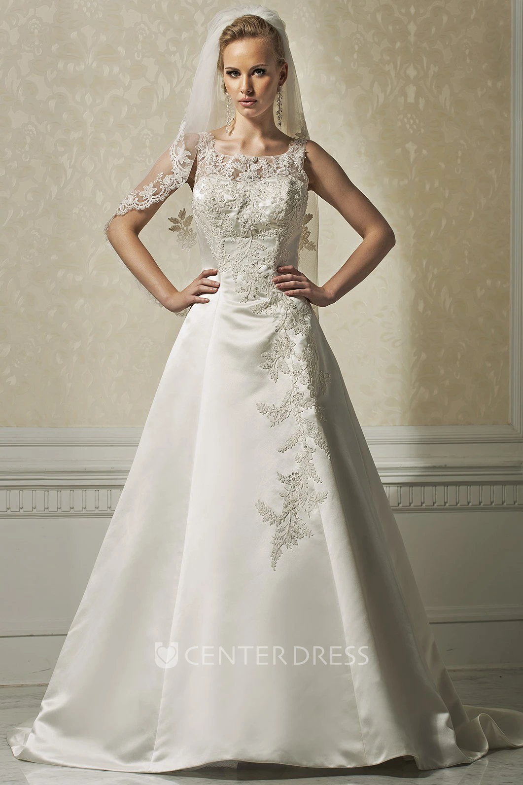 A-Line Bateau-Neck Maxi Sleeveless Appliqued Satin Wedding Dress