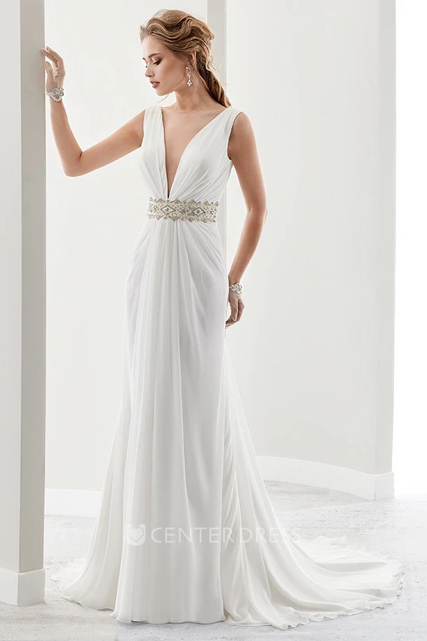 Deep-V Chiffon Draping Bridal Gown With Pleated Details And Open Back