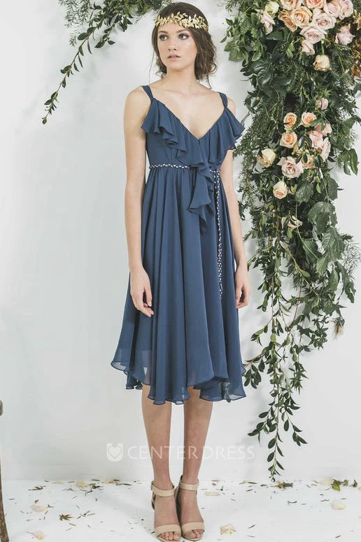 Tea-Length Empire Draped V-Neck Sleeveless Chiffon Bridesmaid Dress