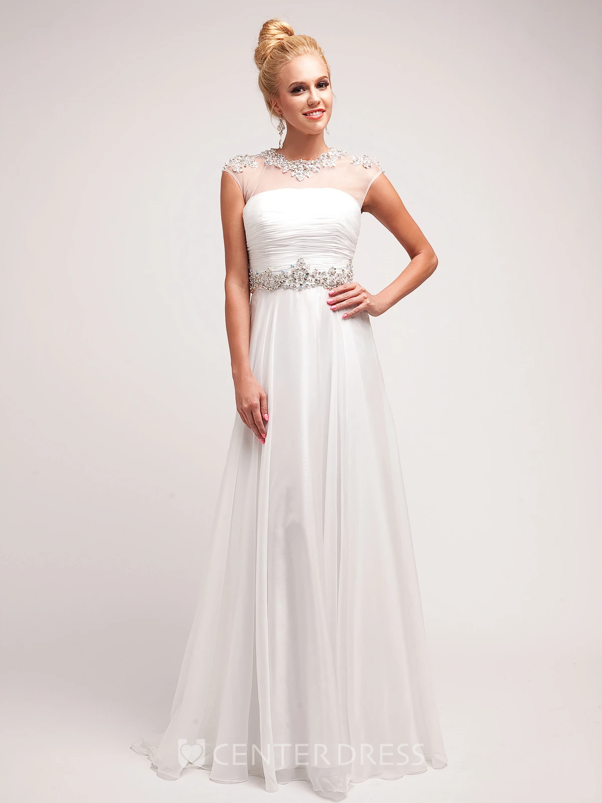 A-Line Jewel-Neck Cap-Sleeve Dress With Ruching And Waist Jewellery