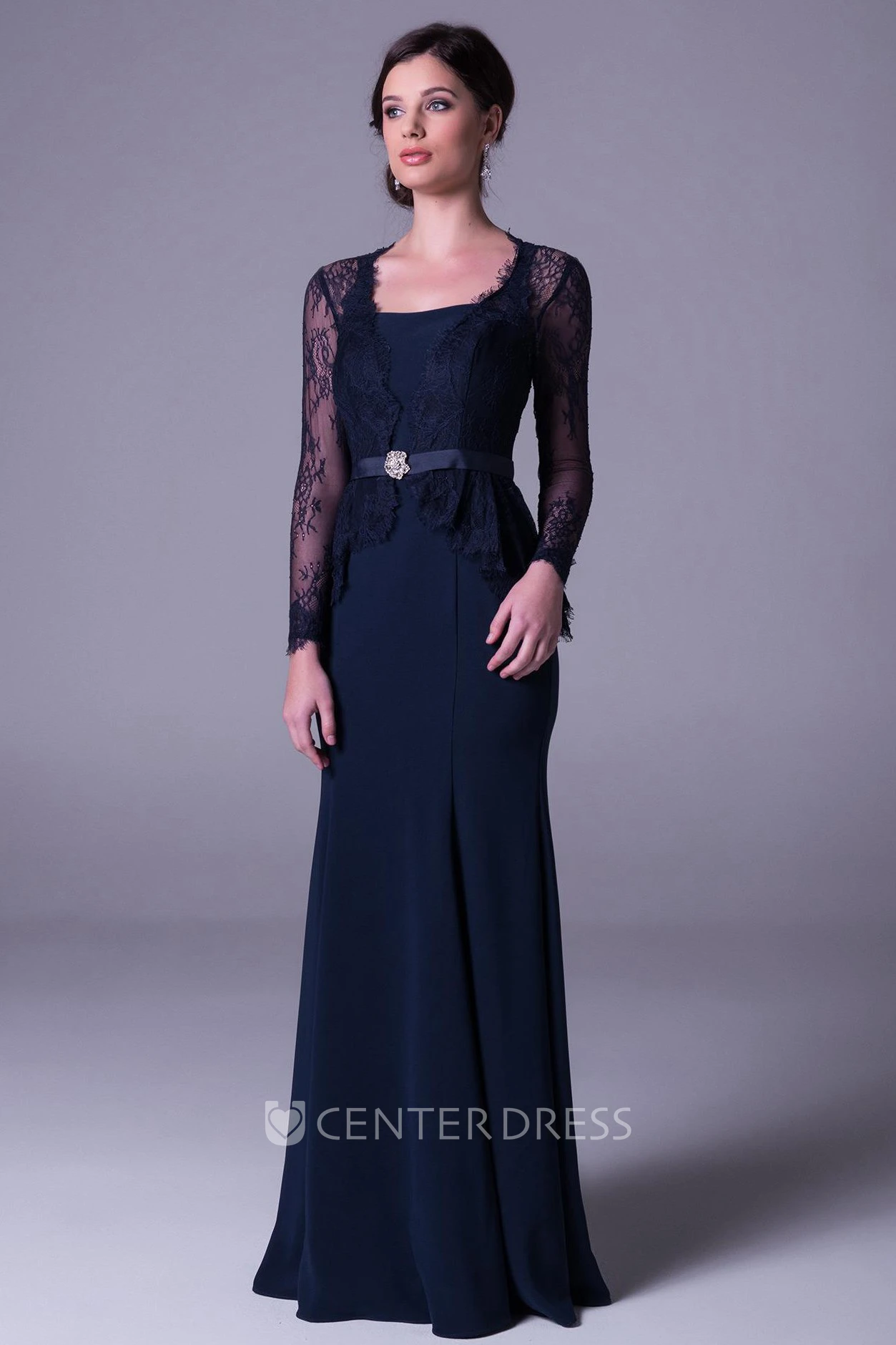 Sheath Long-Sleeve Long Lace Square-Neck Prom Dress With Broach