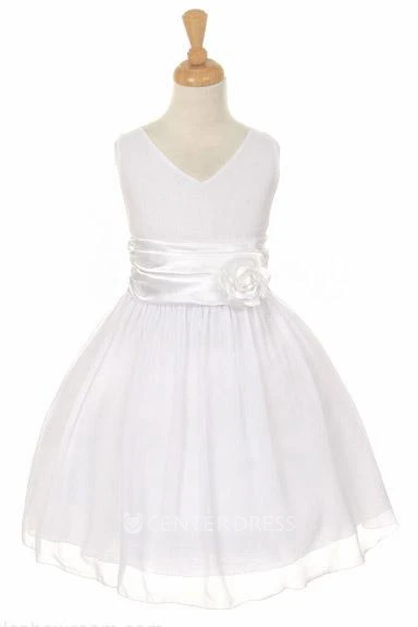 V-Neck Knee-Length Tiered Chiffon&Satin Flower Girl Dress