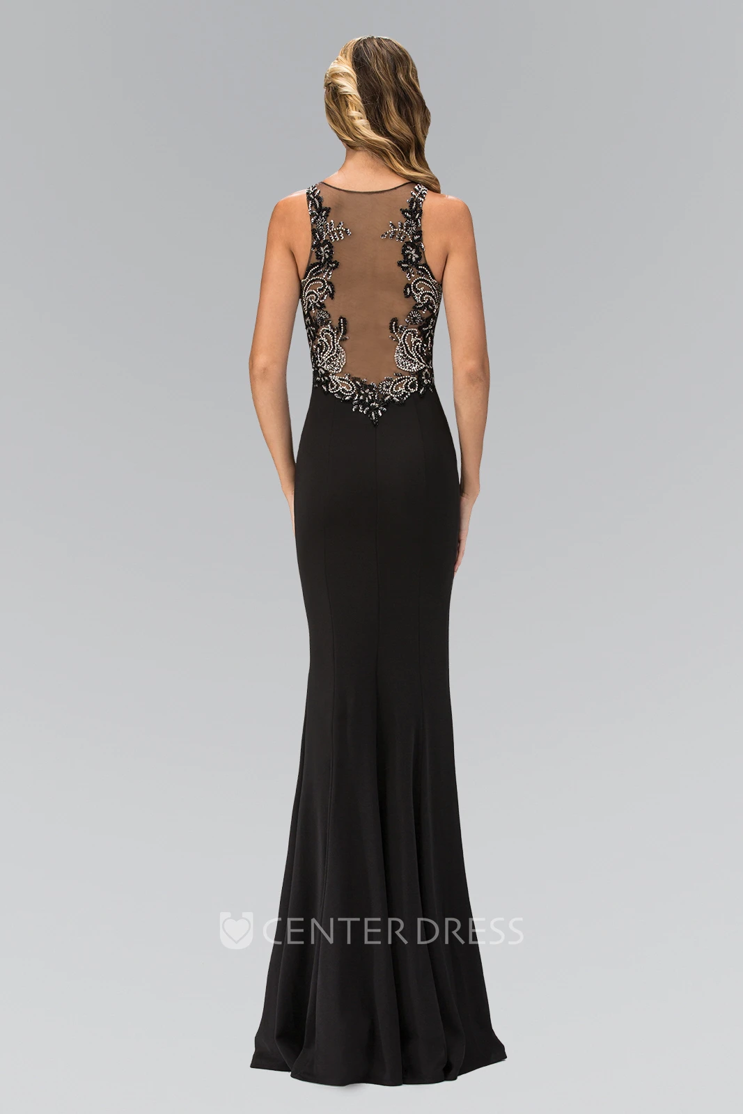 Sheath Long Scoop-Neck Sleeveless Jersey Illusion Dress With Beading And Pleats