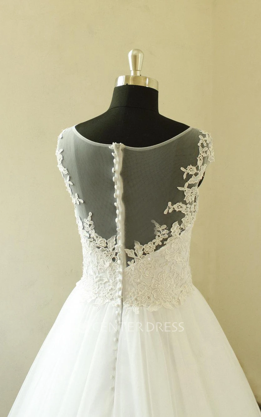 Bateau Neck Cap Sleeve Long A-Line Tulle Wedding Dress With Elegant Beading