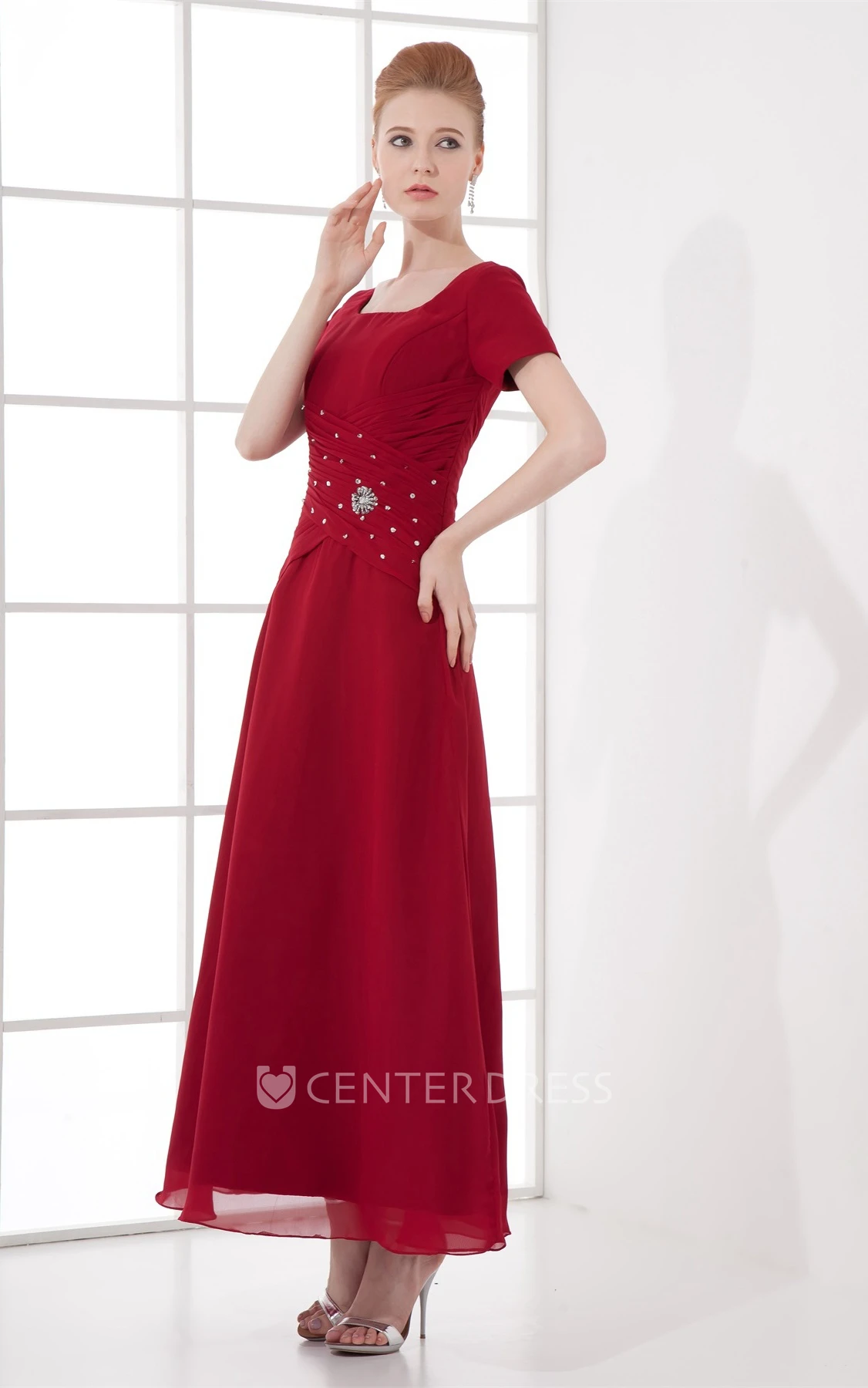 square-neck ankle-length short-sleeve dress with broach and ruching