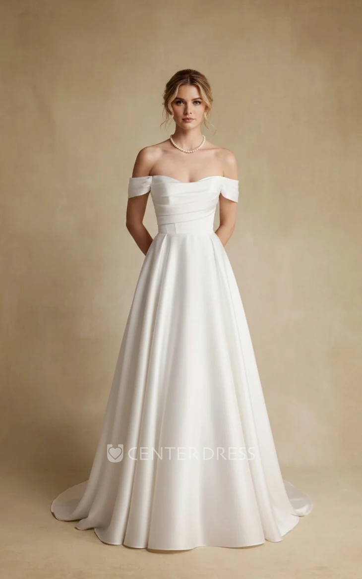 Classic Simple A-Line Off the Shoulder Spring Wedding Dress Modest Asymmetrical Drapery Long Train Bridal Gown