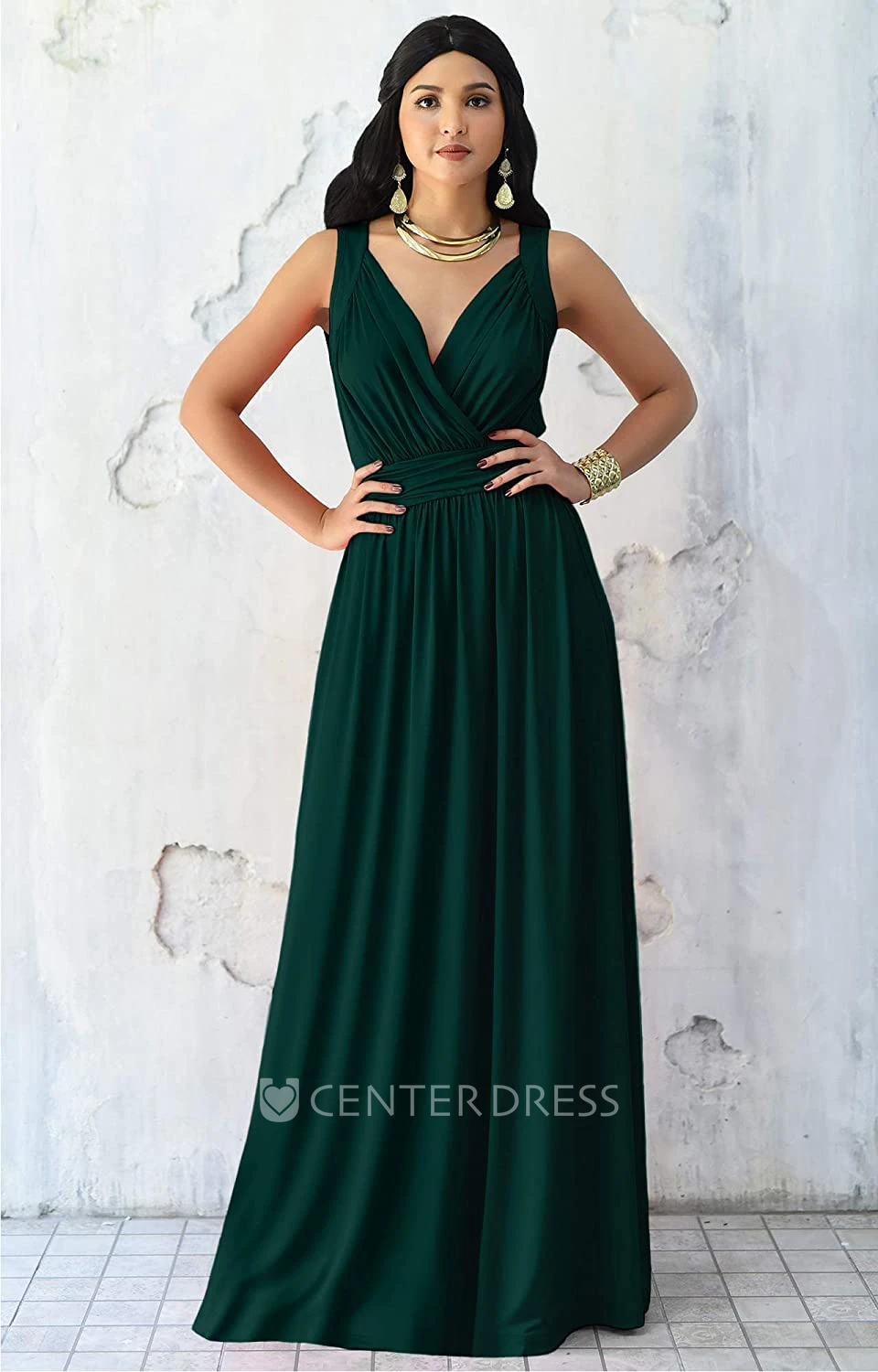 Casual Chiffon Floor-length V-neck A Line Sleeveless Bridesmaid Dress With Ruching