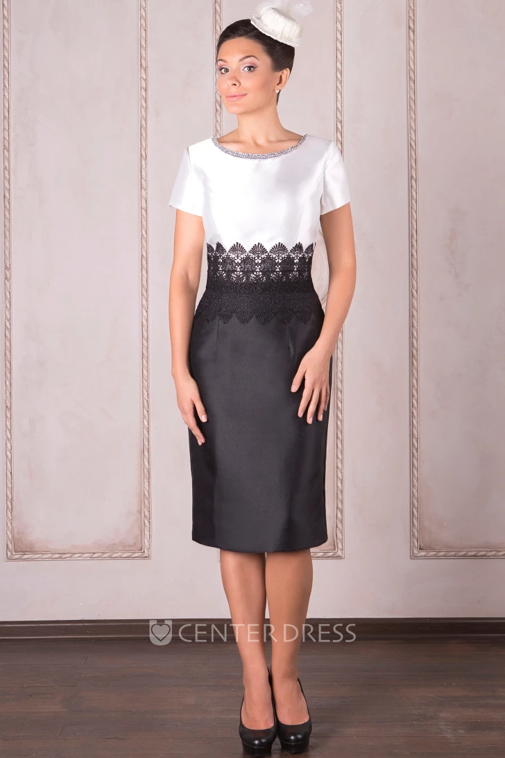 Knee-Length Pencil Appliqued Short Sleeve Scoop Neck Satin Mother Of The Bride Dress